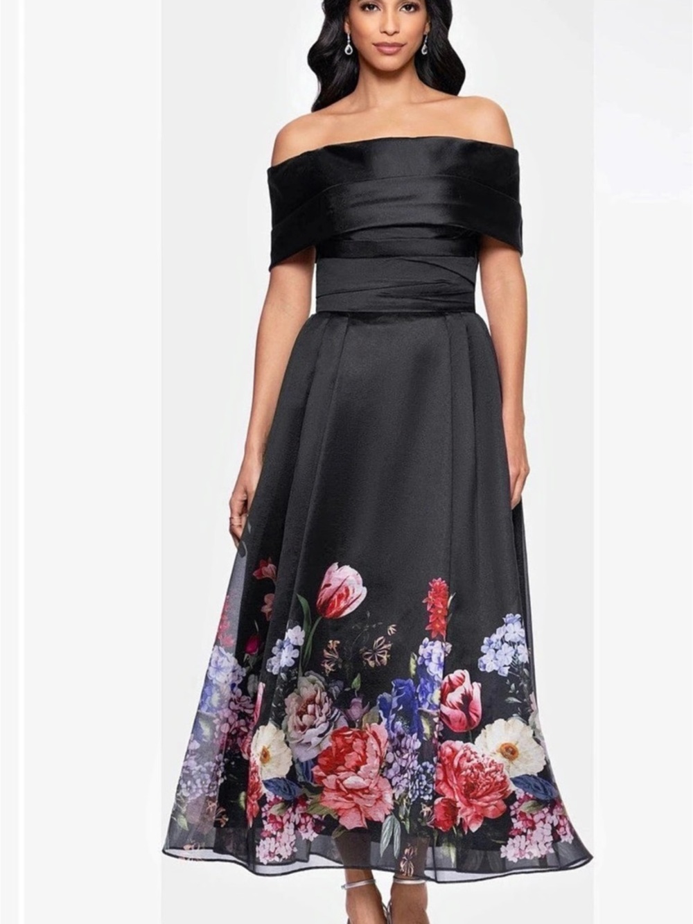 Betsy & Adam Off the Shoulder Midi Organza Dress Black & Pink